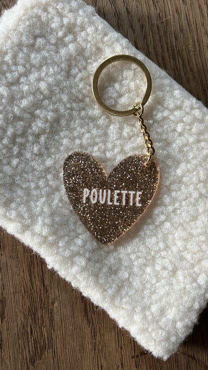 Porte clé "Poulette" pailletée "or"