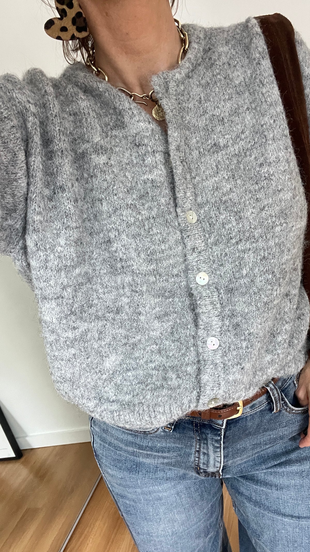 Gilet femme ARMELLE gris à boutons nacrés