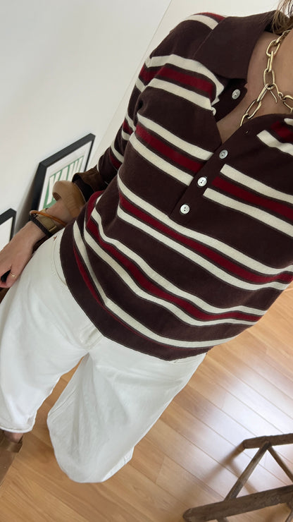 Pull femme PAULINE à rayures chocolat, bordeaux et crème