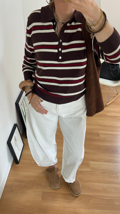Pull PAULINE chocolat à rayures bordeaux et crème